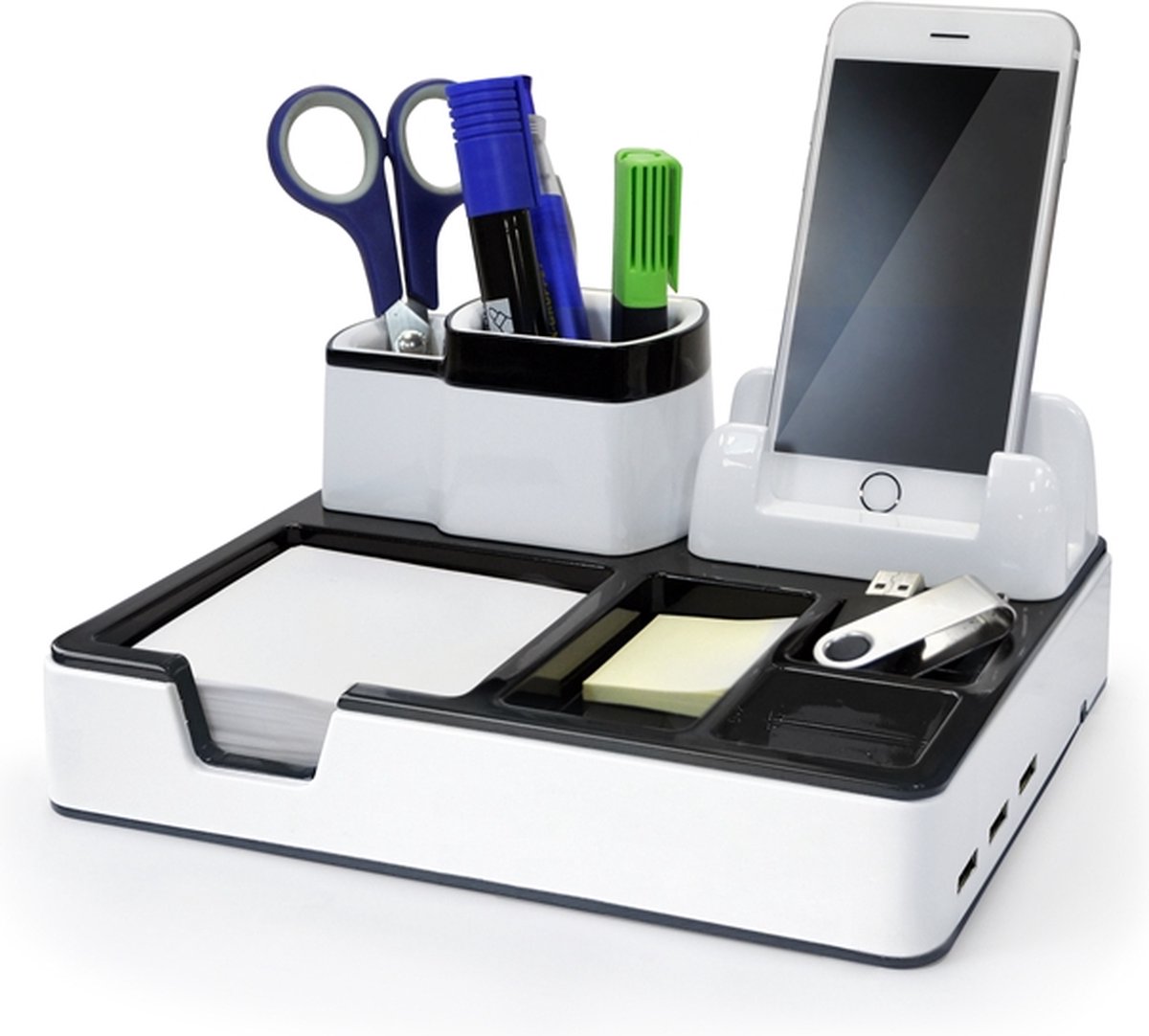 Monolith Desk Organizer wit met 3 USB poorten voor het opladen van smartphones of tablets