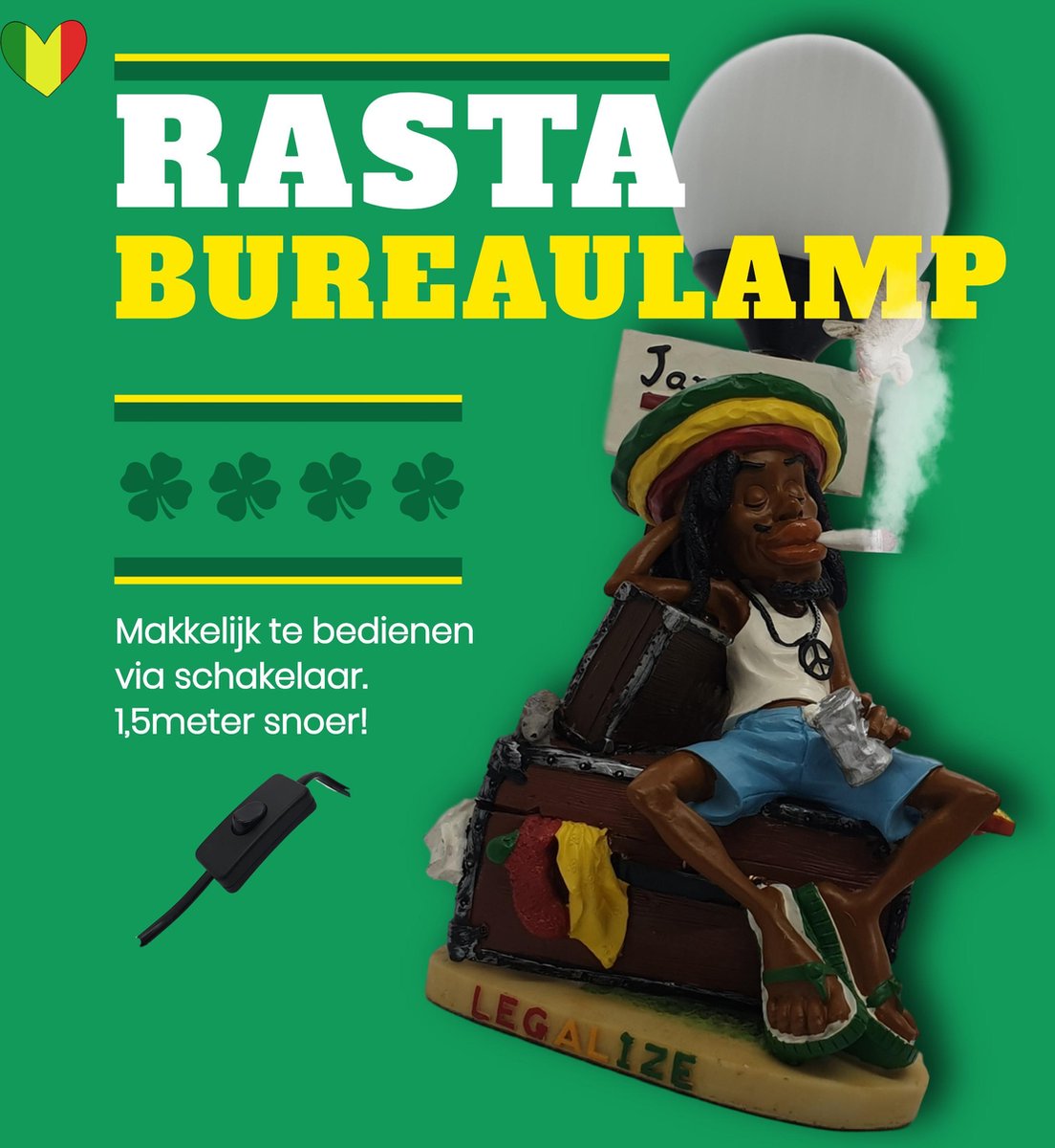 Wiet accesoires rastafari bureaulamp – grappige reggae rasta weed accessoires lamp op kast 33 cm hoog 1,5 m. snoer inclusief schakelaar | GerichteKeuze