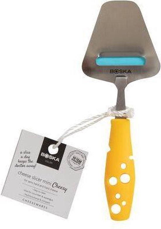 Gele kaasschaaf met geperforeerd handvat, met label 'Boska Cheese Slicer Mini Cheesy'.