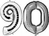 Folie ballon zilver XL cijfer 90  is + -  1 meter  groot  inclusief een flamingo sleutelhanger