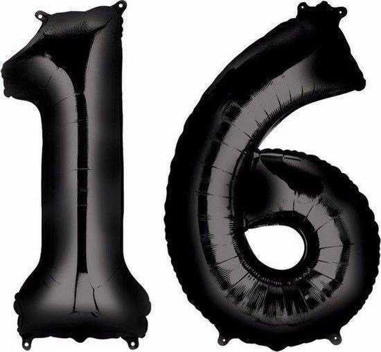 Folie ballon zwart XL cijfer 16  is + - 1 meter groot inclusief een flamingo sleutelhanger