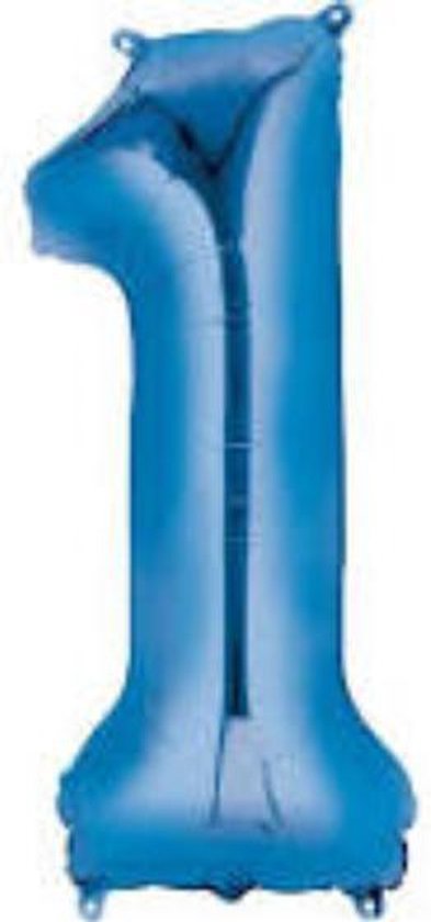 Folie ballon XL cijfer 1 blauw kleur is 1 meter  groot  inclusief een flamingo sleutelhanger