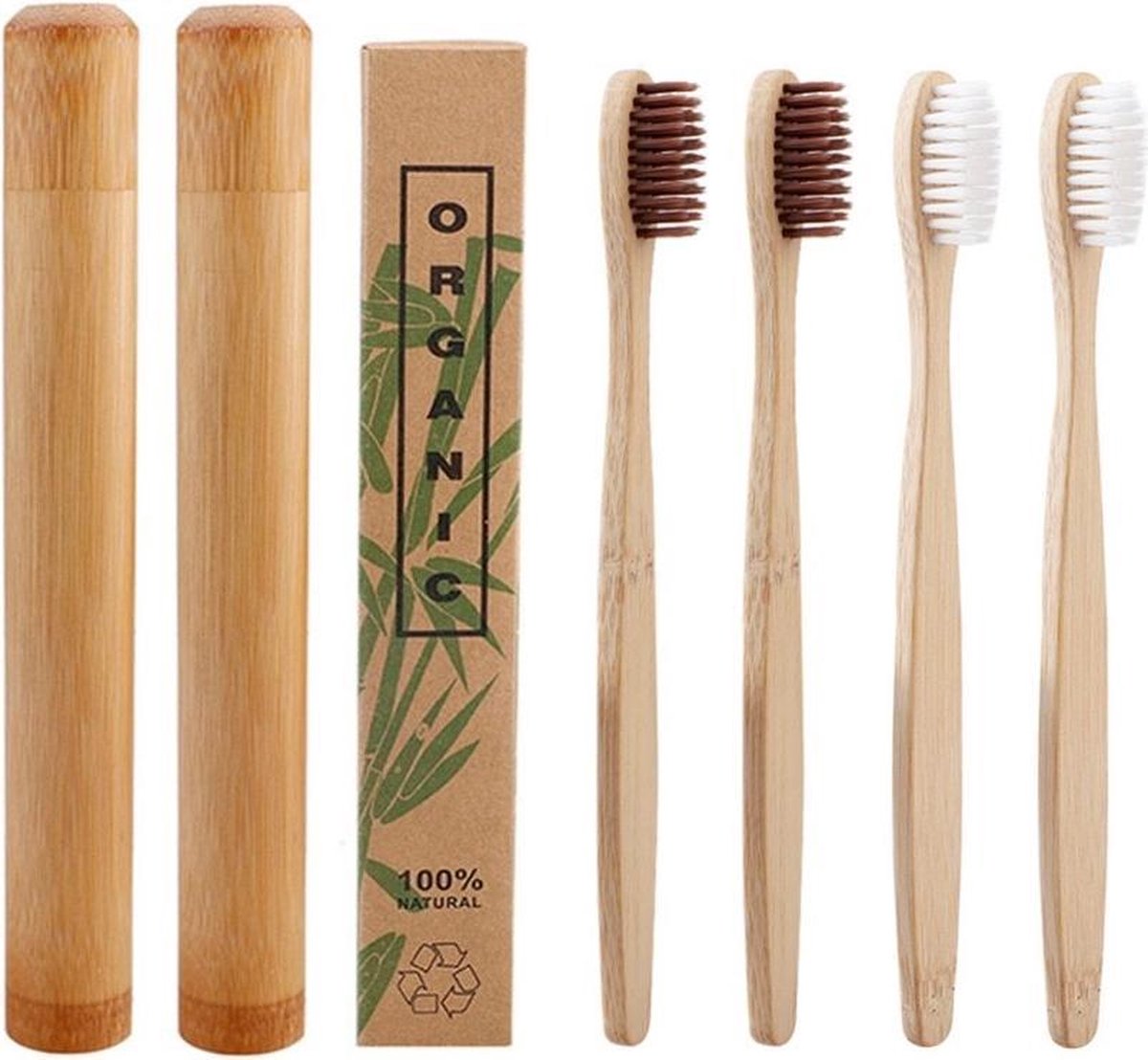 Bamboe tandenborstels |Set Van 4 Tandenborstels Plus 2 Bamboe Kokers| Medium soft | Biologisch Afbreekbaar | 2 Wit - 2 Bruin|
