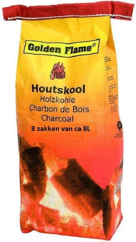 Gouden en rode zak Golden Flame houtskool, met tekst 'Houtskool' en '8 zakken van ca 8L'.