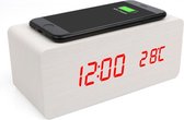 Houten Wekker Klok Wit met Draadloze Oplader Rode LED Display 17 x 8 x 7 cm