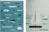 2 theedoeken zeilboten en vissen - Magpie Ahoy Sailboats & Fish Tea Towel