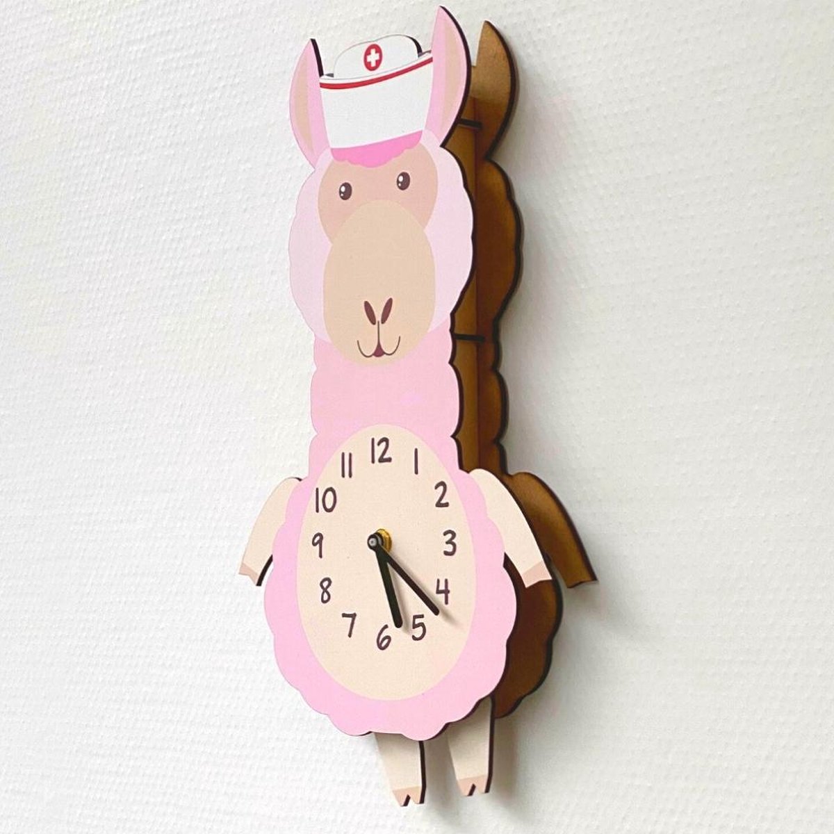 Merkloos Sans marque BEWEGENDE Kinderklok Alpaca lama roze 3D | STIL UURWERK | bewegende dieren wandklok van hout voor kinderkamer en babykamer | decoratie accessoires | jongens en meisjes slaapkamer