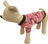 Camouflage shirt licht roze met groen randje voor de hond. - S ( rug lengte 23 cm, borst omvang 32 cm, nek omvang 24 cm )