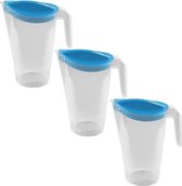 3x Waterkannen/sapkannen met blauwe deksel 1,75 liter 13 x 22 cm kunststof - Compact formaat schenkkannen die in de koelkastdeur past - Sapkannen/waterkannen/schenkkannen/limonadekannen