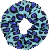 Zachte scrunchie/haarwokkel met luipaard/panter print, turquoise/blauw
