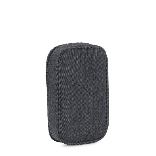 Donkerblauwe denim etui met rits, de achterkant.