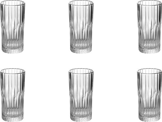 Ensemble de six verres Duralex Manhattan avec des nervures verticales.