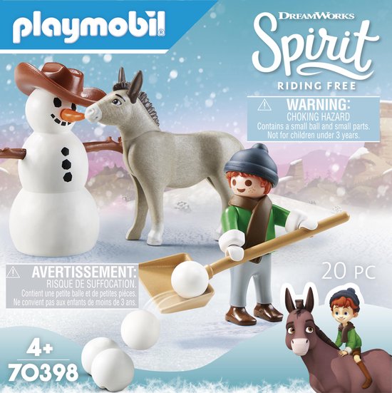 Playmobil Spirit speelgoeddoos met sneeuwpop, ezel en figuur. Met sneeuwballen en schep.