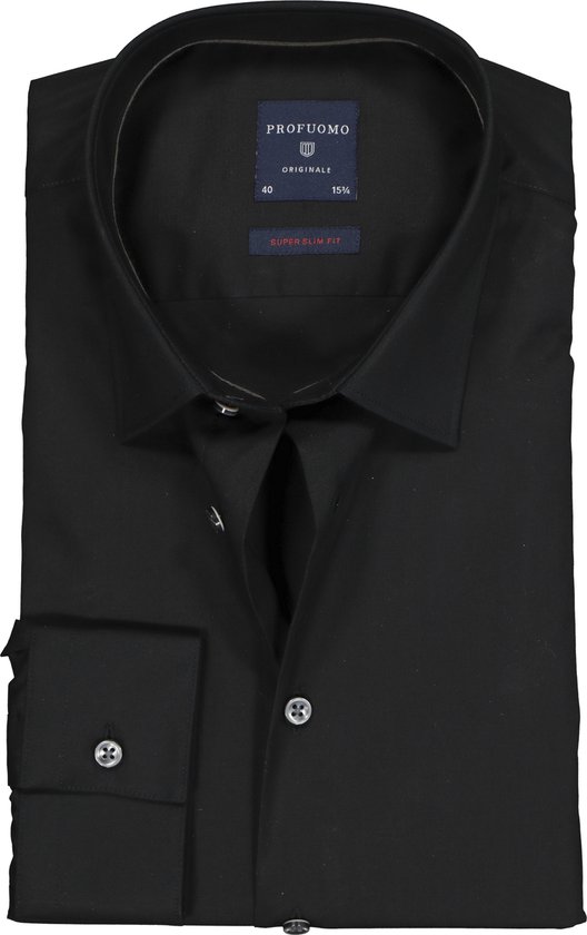 Profuomo Originale super slim fit overhemd - stretch poplin - zwart - Strijkvriendelijk - Boordmaat: 43