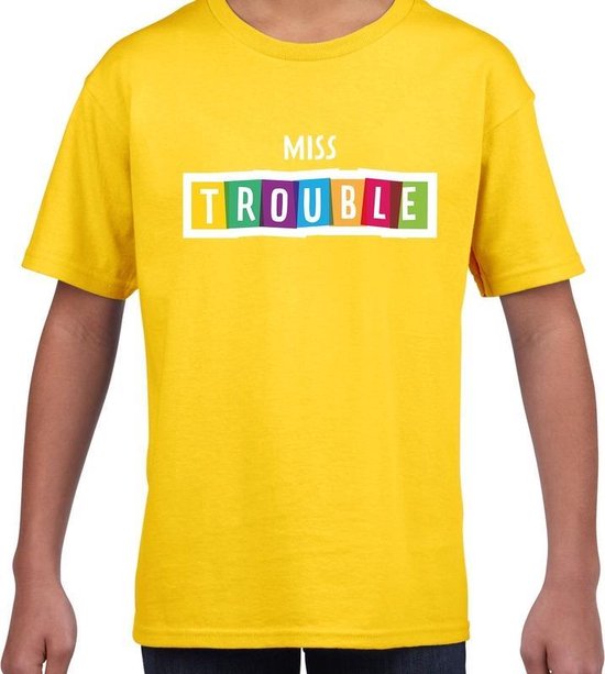 Miss trouble fun tekst t-shirt geel kids - Fun tekst / Verjaardag cadeau / kado t-shirt kids 134/140