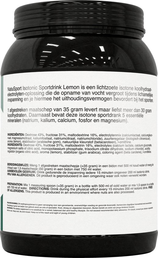 Natusport Isotone Sportdrank - Elektrolyten & Koolhydraten - Lemon - 1kg pot van Merkloos — afbeelding 3