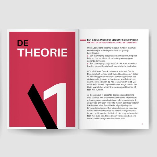 Boekpagina met rode en zwarte accenten, titel 'DE THEORIE' en grote rode '1'. Tekst gaat over groeimindset.