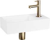 Differnz Solid Fonteinset - Wasbak Solid Surface - Wit - Rechte Kraan - Mat Goud - Standaard Greep - 36 x 18.5 x 9 cm