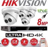 HIKVISION 8MP SYSTEM 4CH CHANNEL NVR 4K UHD IP POE 8 MP MEGAPIXEL CCTV 4X 2.8MM TURRET CAMERA NETWORK KIT Buiten Nachtvisie (Met 2TB HDD)