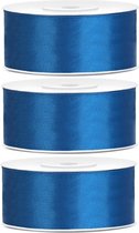 3x Hobby/decoratie kobalt blauwe satijnen sierlinten 2,5 cm/25 mm x 25 meter - Cadeaulinten satijnlinten/ribbons - Kobalt blauwe linten - Hobbymateriaal benodigdheden - Verpakkingsmaterialen