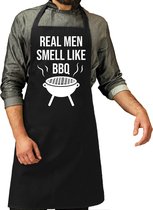 Real men smell like bbq cadeau bbq/keuken schort zwart voor heren - kado barbecue schort voor heren - verjaardag/Vaderdag
