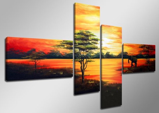 Schilderij - Handgeschilderd - Zonsondergang in Afrika, Olifant, 4luik, 160x80cm, (wanddecoratie)