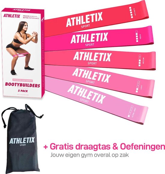Athletix® - Weerstandsbanden Set - Booty Bands met Gratis Draagtas en Oefeningen - 5 Stuks - Roze - Athletix®
