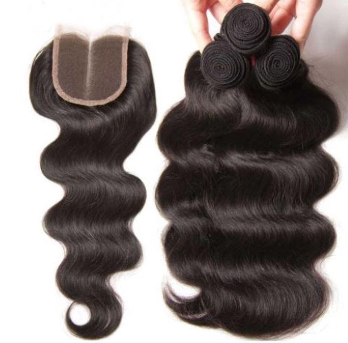 kit 4 Indian Body Wave Natuurlijke Human Hair Bundels 3 x 100 gr, 20inch/ 50.8cm + 1 HD closure