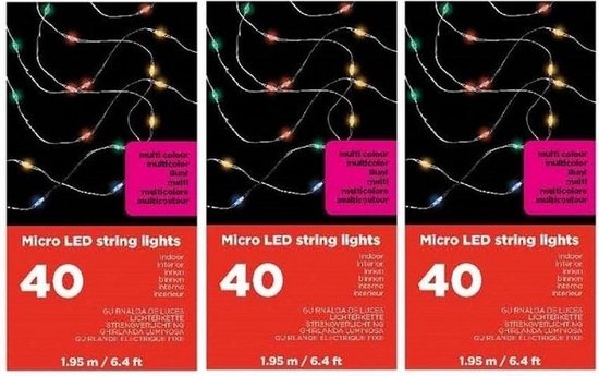 3x Draadverlichting zilverdraad 40 gekleurde lampjes - 195 cm - Micro LED lichtsnoeren 3 stuks