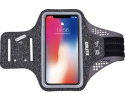 Grijze Premium Sportarmband - Universele Hardloop Armband - iPhone, Samsung & Huawei - Smartphonehouder - Reflecterend, Spatwaterdicht, Sleutelhouder, Verstelbaar - Lycra - Luxe Sportarmband - ATHLETIX