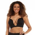Zwarte plunge beha gedragen door een model met krullend haar.