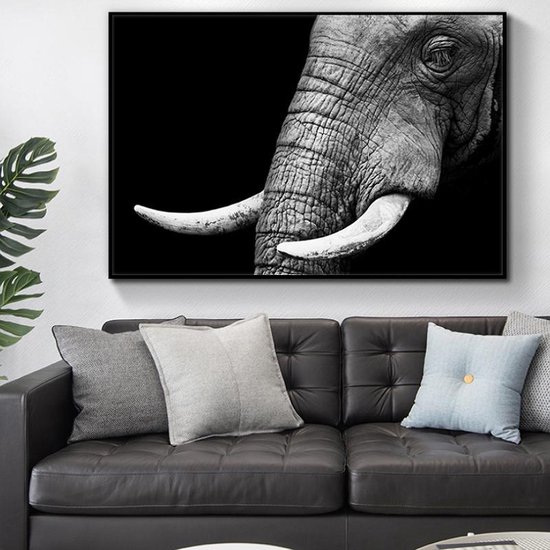 Peinture sur toile * Tête d'éléphant sage * - Affiche d'art - Animaux - Noir blanc - 60 x 90 cm