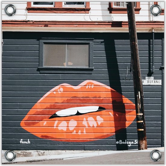 Tuinposter –Rode Graffiti Lippen -100x100  Foto op Tuinposter  (wanddecoratie voor buiten en binnen)