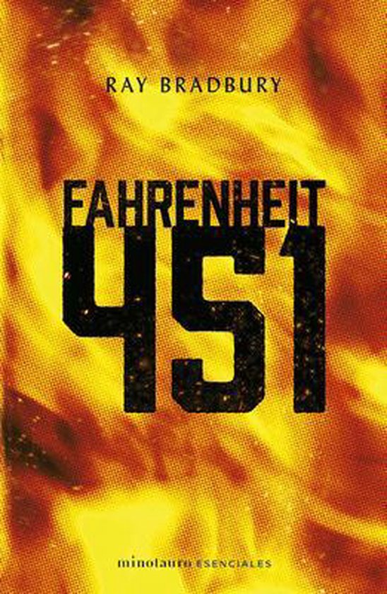 Livre "Fahrenheit 451" de Ray Bradbury sur fond de flammes.