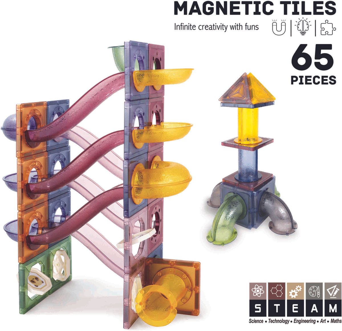 Roosly Magnetisch speelgoed 65stuk - Magnetic tiles Knikkerbaan - Montessori speelgoed - Magnetische Bouwstenen