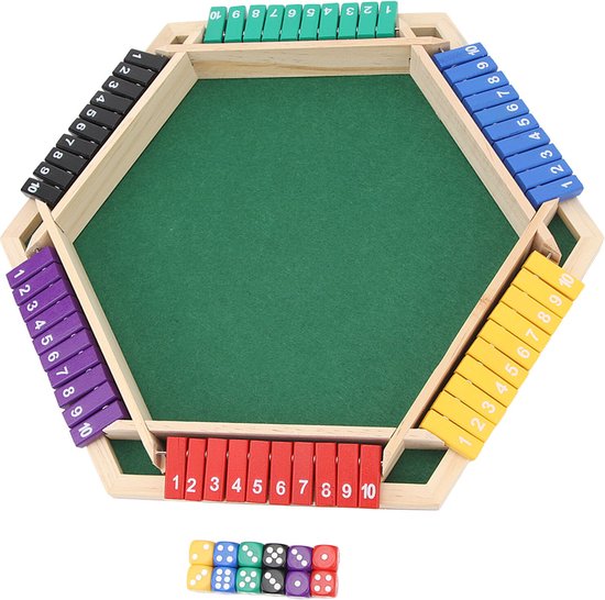 Houten shut the box spel met groen speelveld. Zijkanten met paarse, blauwe, gele, rode, zwarte en groene schuifjes genummerd 1-10. Een stapel dobbelstenen.