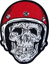 Skull Schedel Helm Strijk Embleem Patch 7.1 cm / 9.2 cm / Rood Wit Zwart