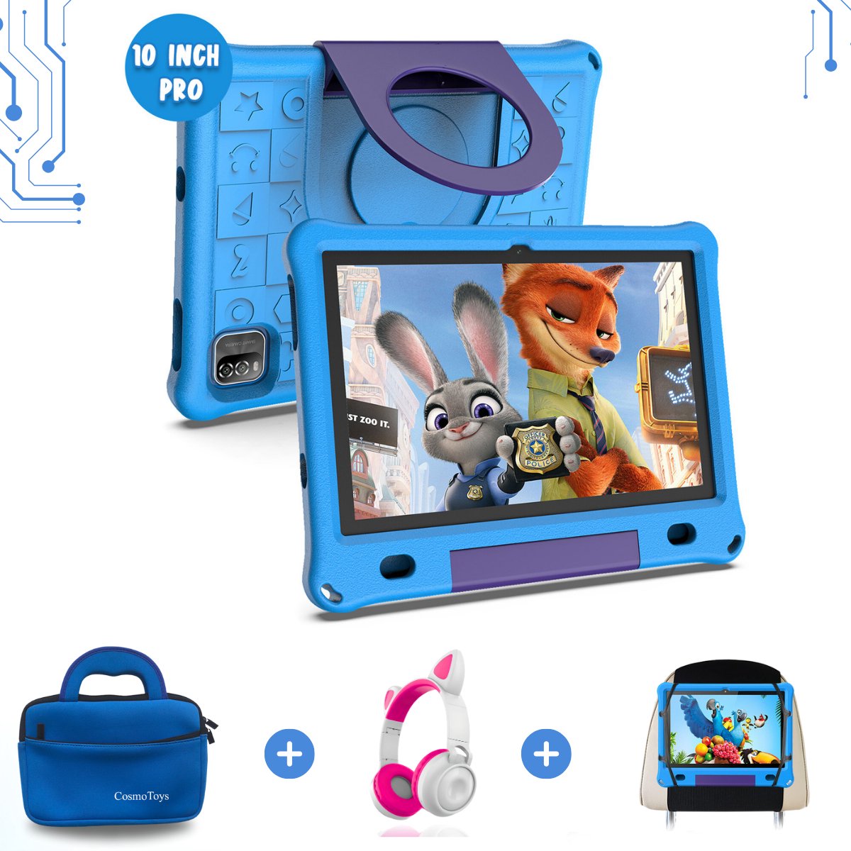 CosmoToys® Kids Tablet Kinderen PRO - Incl. Koptelefoon + Luxe Opbergtas + Tablethouder Auto - Kindertablet - Vanaf 3 Jaar - 10 Inch - Android 12 - Ouderlijk Toezicht - 6000 mAh - Blauw