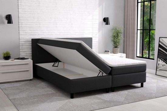 Boxspring met Opbergruimte erolla-160x200cm- zwart stof- compleet bed met vaste matras en topper 8cm dik- seatsandbeds