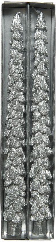 Dinerkaars Kerstboom Zilver - Christmas tree - Kerstmis - Kerst - Winter - Herfst - Woon - Wonen - Kaars - Kaarsen set 2 - Woonaccessoires - Woonaccessoire - Decoratief - Deco - Decoratie - Interieur - Wax - Zilver glitter - Sfeervol - Sfeer - Silver