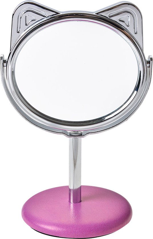 Clayre & Eef Spiegel Kat Ø 9x14 cm Beige Roze Metaal Glas Rond Make-Up Spiegel
