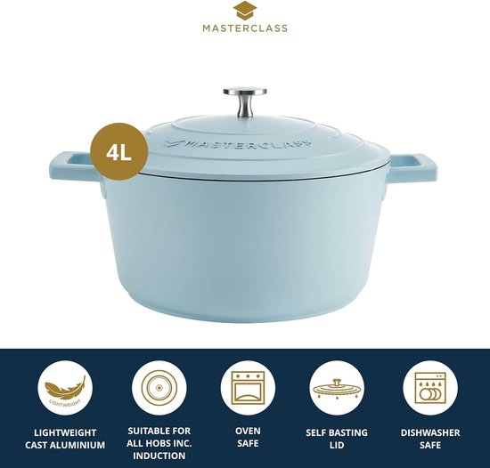 MasterClass ondiepe braadpan met deksel 4 l/28 cm, lichtgewicht gegoten aluminium, geschikt voor inductiekookplaten en ovens, hemelsblauw