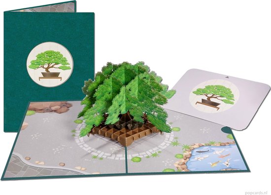 Popcards popupkaarten - Bonsai boompje in Japanse tuin met Koi karpers Pensioen Troost pop-up kaart 3D wenskaart
