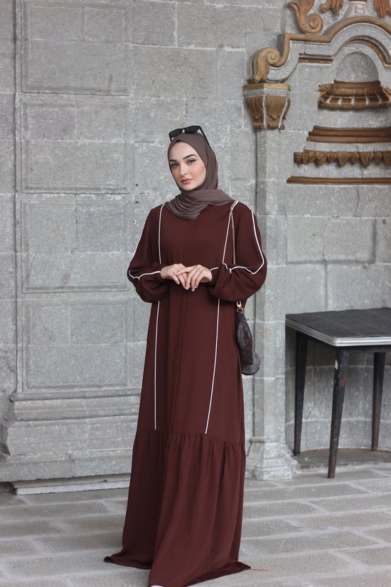 Nur Boutique Abaya Sara - bruin/wit - maat 46-48 (maat 3) - Islamitische kleding - Bedekte kleding - Gebedskleding - Moslima