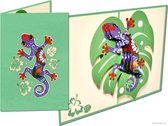Popcards popupkaarten - Kleurrijke Gaudi Gekko Hagedis op blad van Monstera gatenplant pop-up kaart 3D wenskaart