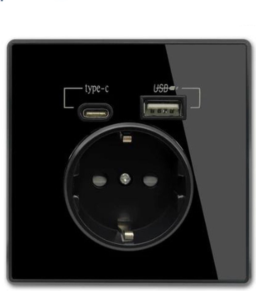 Wandcontactdoos - Stopcontact - Inbouw – Randaarde - Met USB en USB-C - Zwart