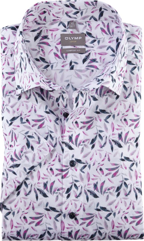 OLYMP Luxor comfort fit overhemd - korte mouw - popeline - roze dessin - Strijkvrij - Boordmaat: 42