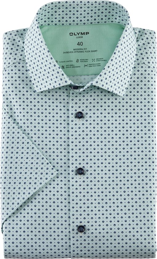 OLYMP Luxor 24/7 modern fit overhemd - korte mouw - tricot - lichtgroen dessin - Strijkvriendelijk - Boordmaat: 40