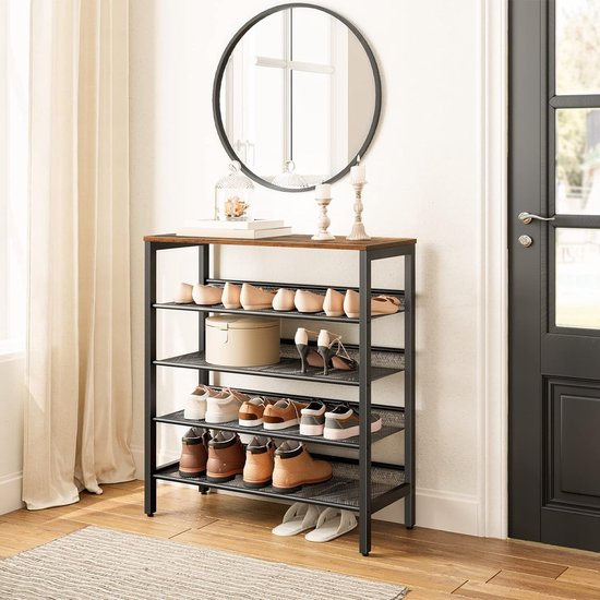 Tribesigns schoenenkast met deuren, 5-tier schoenenopslag kast voor entree gang, houten schoenenrek organizer kast voor 15-20 paar schoenen, zwart en bruin