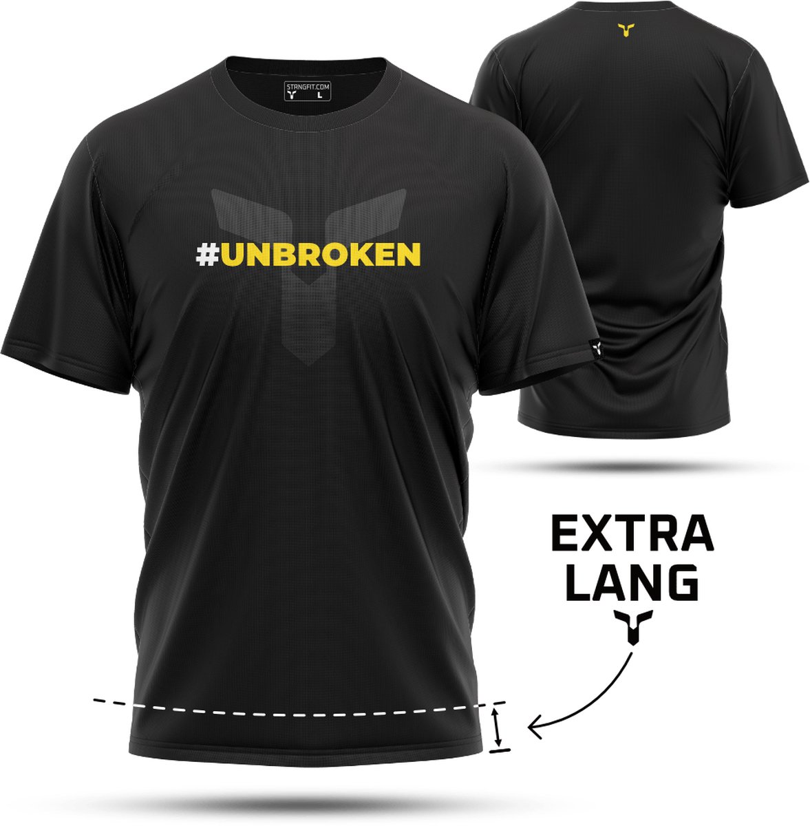 STRNG #unbroken – Zwart/Geel – Maat L - Extra Lang Sport shirt - Sportshirt - Heren - Korte Mouw - Lange Pasvorm – Snel drogend